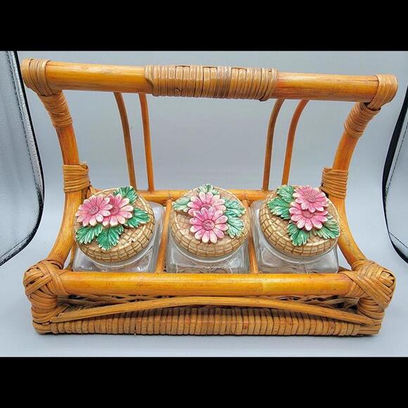 Vintage Retro Set of 3 Tea, Coffee, and Sugar Canisters w/ wicker basket holder - Picture 1 of 8